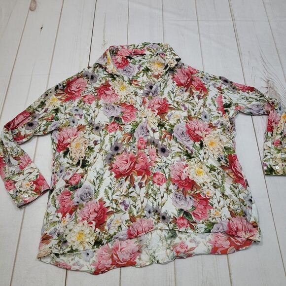 Zara floral rose peony mulitcolor blouse V neck button long sleeve - Picture 2 of 8